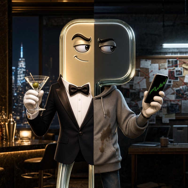 Double Agent, half tuxedo and half hoodie, holding a martini and a phone showing a green chart